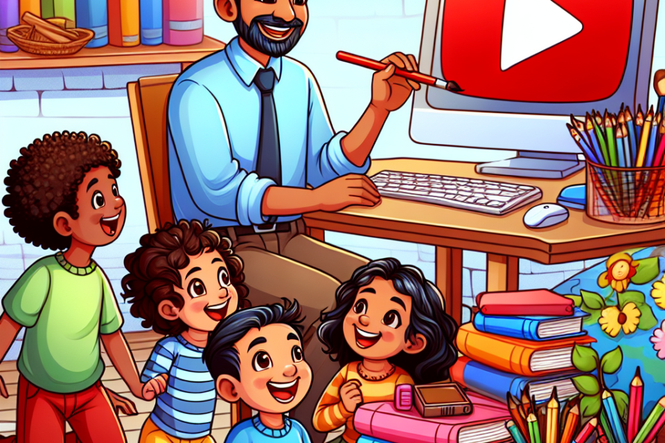 "Imagen de un educador creando contenido educativo para niños en YouTube, con una pizarra y material didáctico colorido de fondo, ilustrando técnicas para hacer aprendizaje divertido y atractivo."